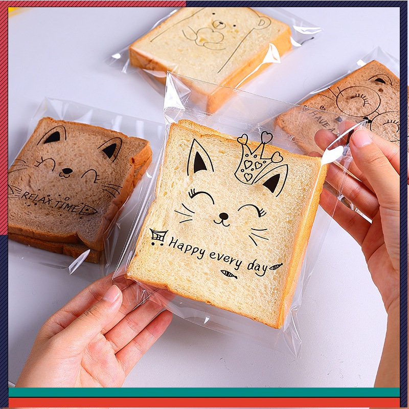 Set 100 Túi Nhựa Đựng Bánh Mì Trong Suốt Tự Dính Họa Tiết Hoạt Hình