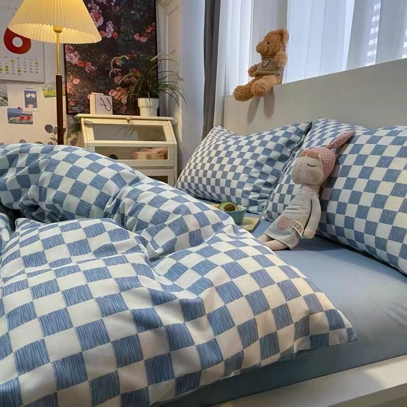 Vải may chăn ga áo gối,gối ôm khổ 2m35 hình caro nền xanh