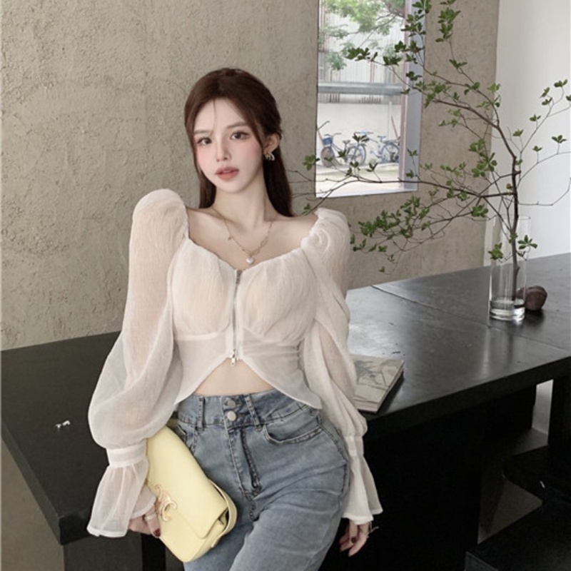Áo chiffon IELGY tay loe có khóa kéo phong cách Pháp thời trang cho nữ