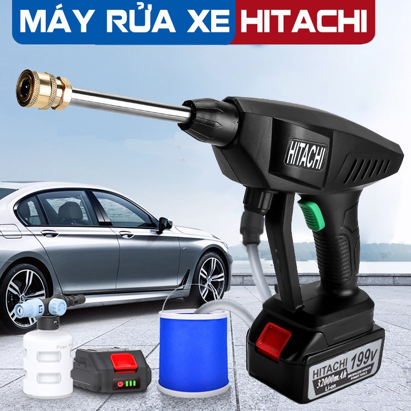 Máy rửa xe dùng pin mini, Máy xịt rửa tăng áp Hitachi 199V áp lực cao 1400W [Tặng bình tạo bọt]