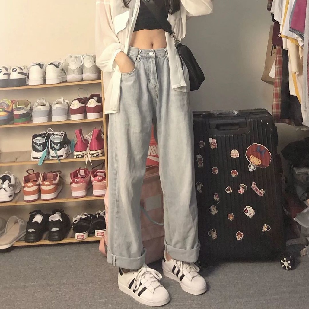 Quần denim lưng cao ống rộng cá tính thời trang cho nữ