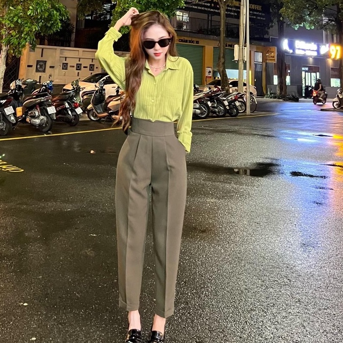 Quần tây nữ lưng cao khóa sau, quần baggy nữ cạp V lưng cao công sở khóa sau chất vải  tuyết mưa co giãn nhẹ