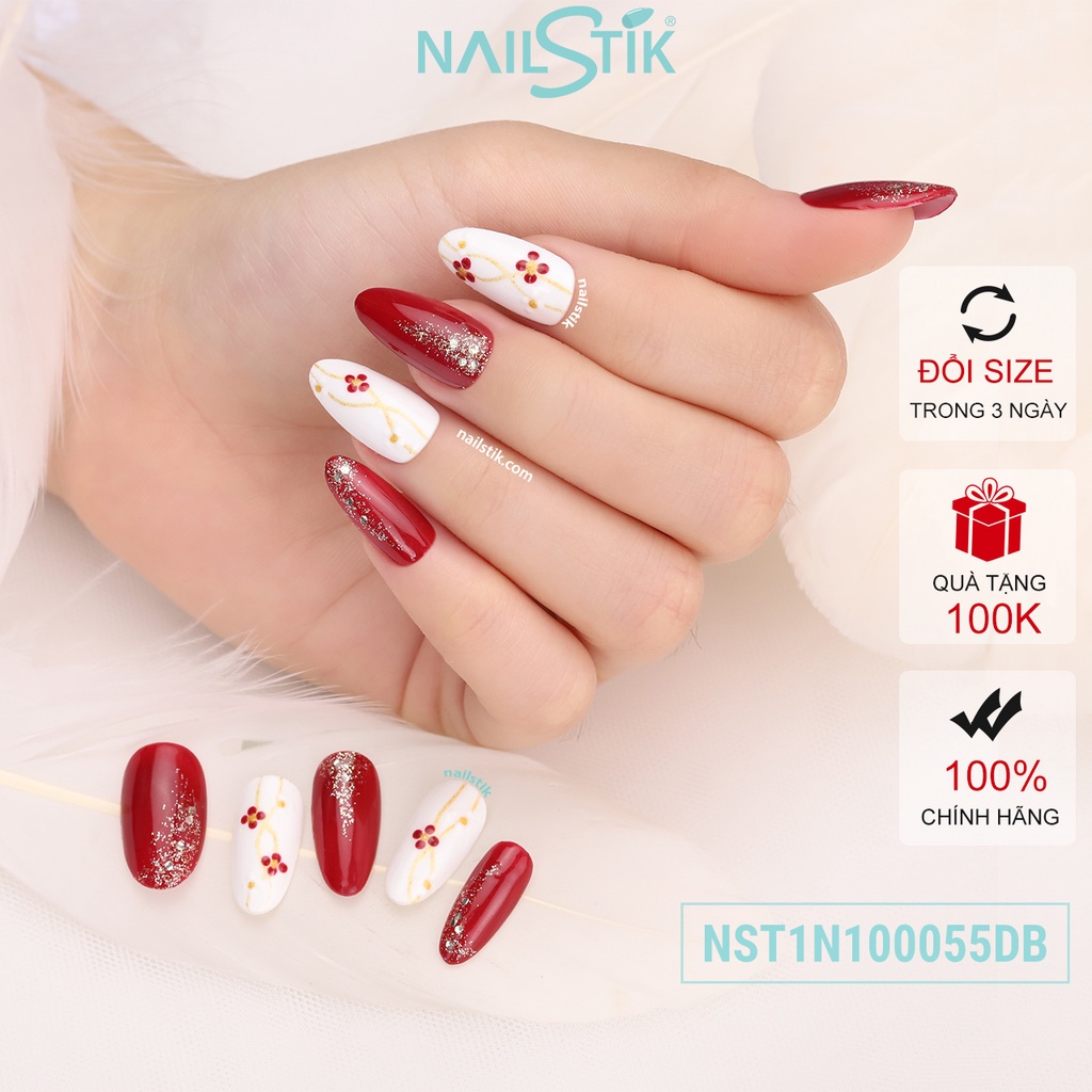 Móng úp thiết kế by NAILSTIK, màu đỏ, trắng, form móng bầu, ngắn/dài, 055
