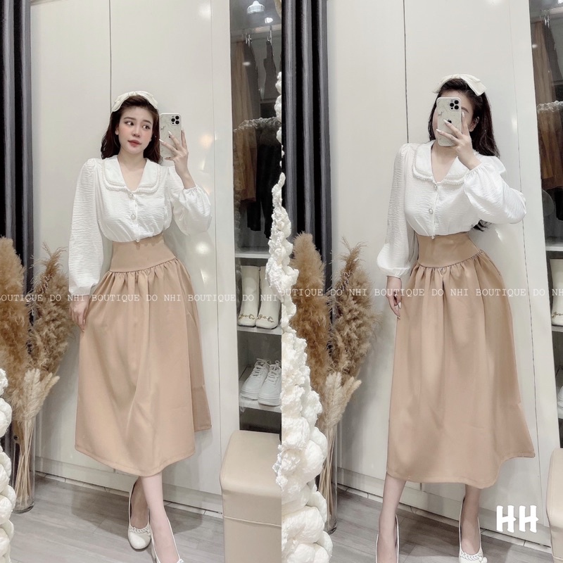 Set chân váy nâu * áo sơmi trắng