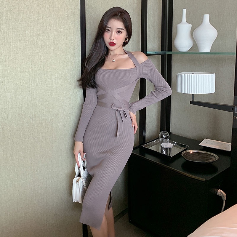 Đầm dệt kim phối ren thiết kế xẻ tà quyến rũ cho nữ