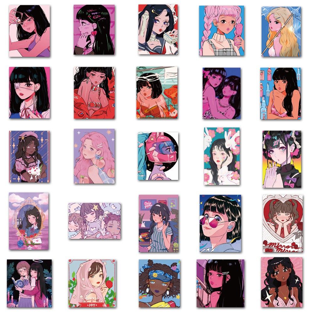 Set 50 chiếc sticker chống nước GIRL HIỆN ĐẠI ART cá tính dán nón bảo hiểm, laptop, vali, xe máy, đàn