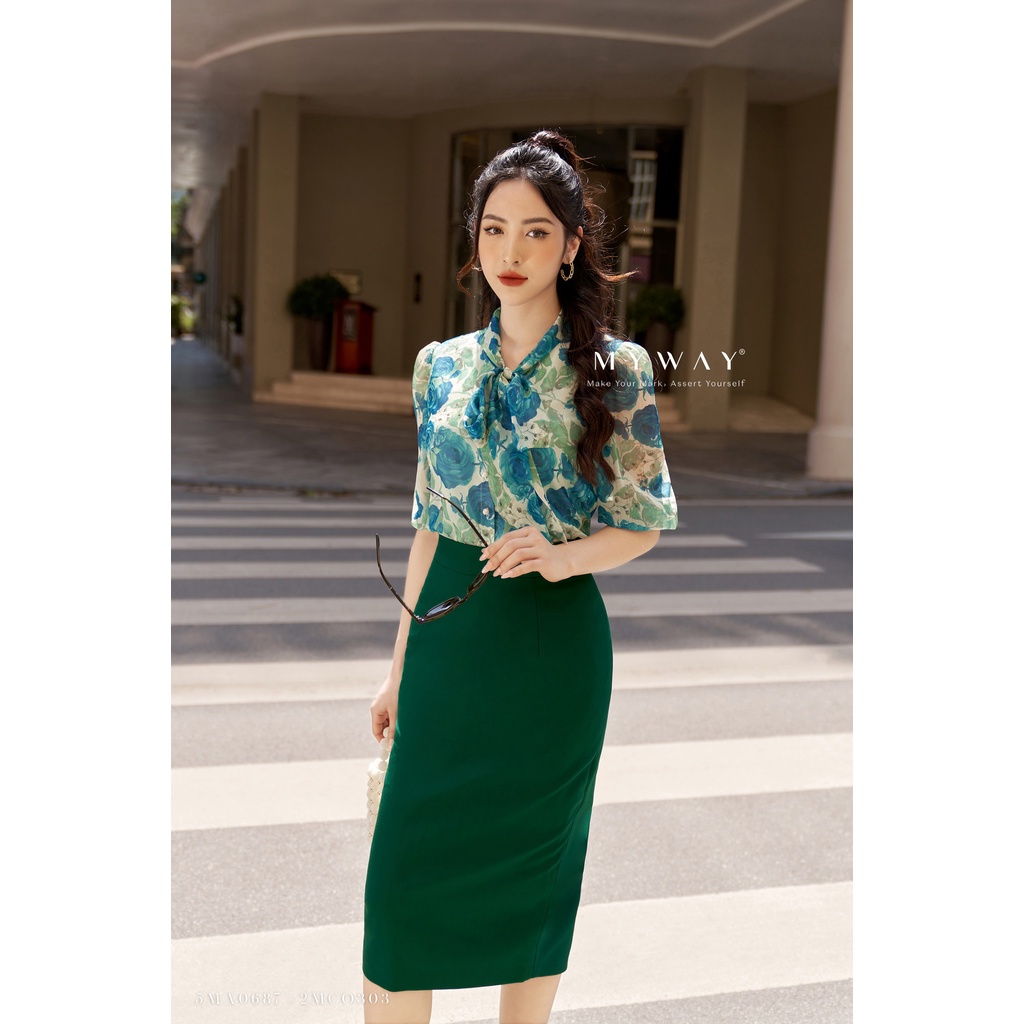 Áo Sơ Mi Họa Tiết Nữ MY WAY Ngắn Tay Cổ Nơ Sang Trọng 5MA0687