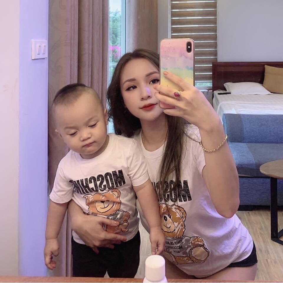 Áo thun bé trai bé gái nam nữ unisex, áo phông gia đình tay lỡ hình gấu 100% cotton trắng - Samyy_vn