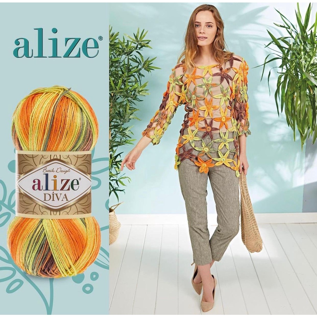 Cuộn len sợi màu loang Diva Batik hãng Alize Yarns đan móc áo, váy, khăn, bikini, túi ví