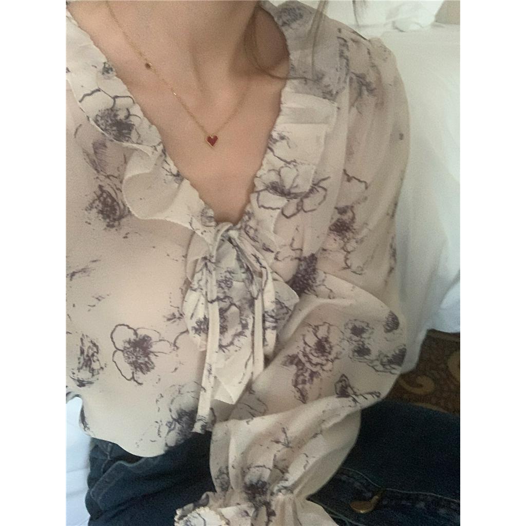 Áo Sơ Mi Voan Dài Tay In Họa Tiết Thanh Lịch Theo Phong Cách Xuân Hè 56004