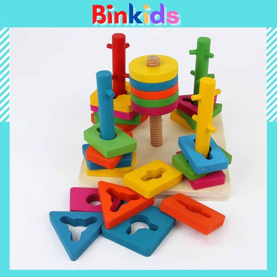 Đồ Chơi Thả Hình Bằng Gỗ - Thả Cọc 5 Trụ Hình Khối Cho Bé