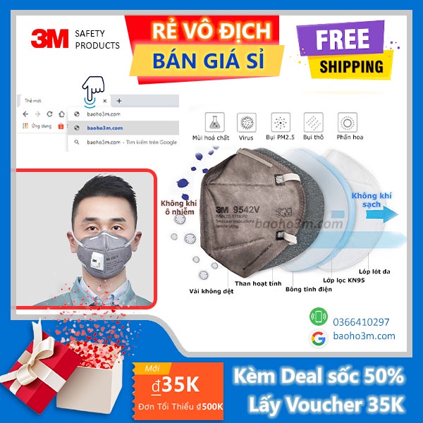 Khẩu trang 3M 9542V-KN95 [Lẻ] chính hãng-khẩu trang than hoạt tính chống bụi mịn PM2.5, chống hơi hóa chất cơ bản