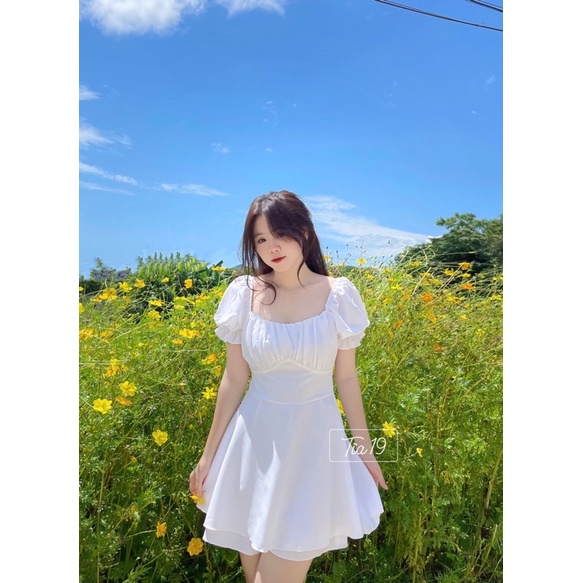 Váy babydoll cổ vuông tầng xếp ly Tia19. Đầm trễ vai ulzzang dáng xoè