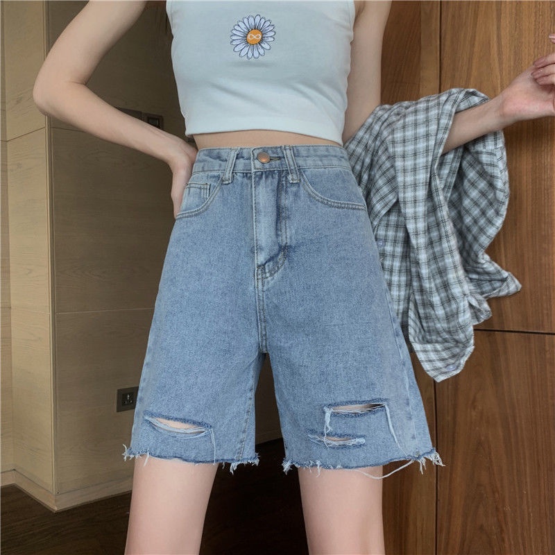 COZOK Quần Short denim Lưng Cao Ống Rộng Phối Rách Kiểu Hàn Quốc Cá Tính