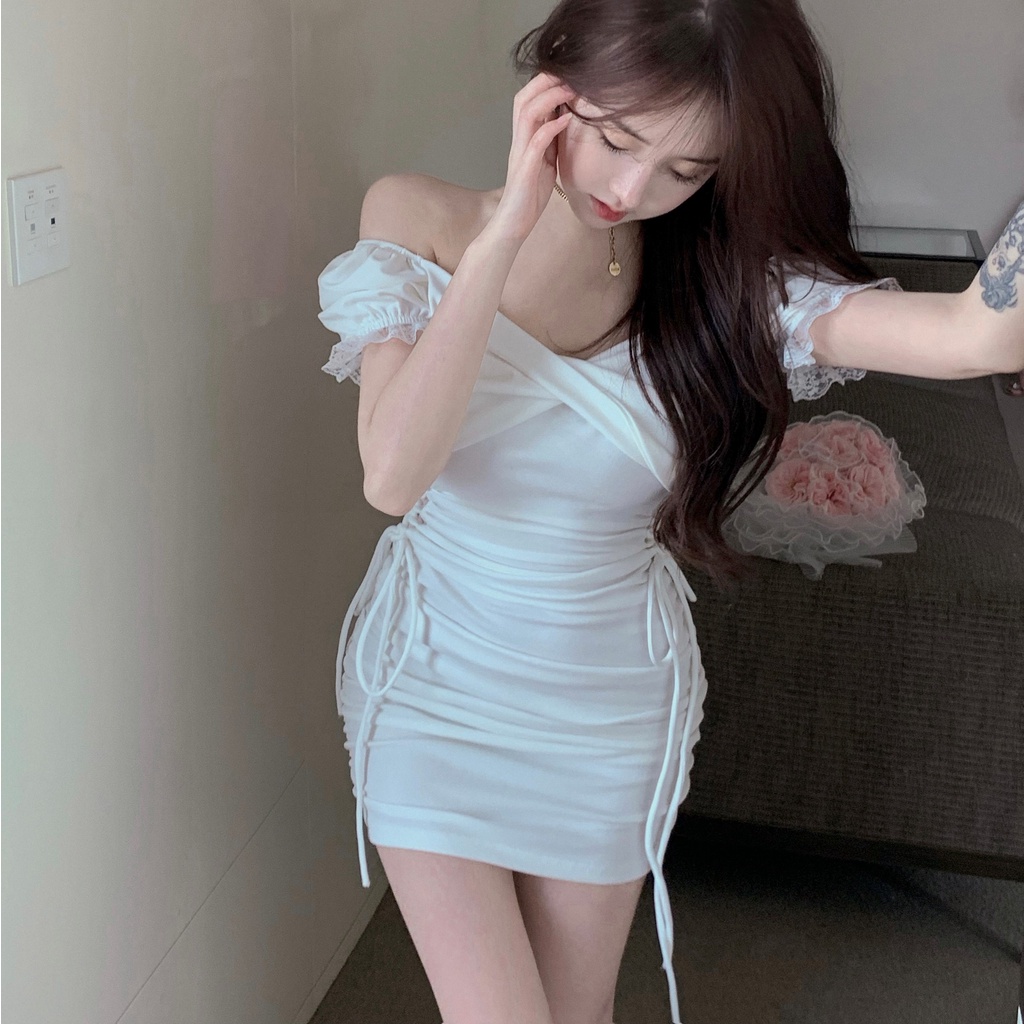 Đầm Ôm Dáng Tay Ngắn Cổ Chữ V Phối Ren Thời Trang Mùa Hè Mới Phong Cách Hàn Quốc Quyến Rũ Cho Nữ