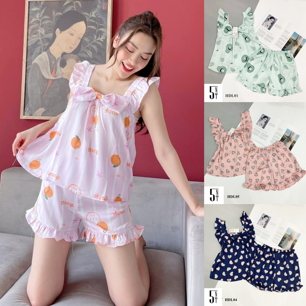 Bộ ngủ nữ mùa hè cộc dáng áo cánh tiên, mẫu bộ pijama cộc chất liệu lụa hàn  bộ pizama mát mẻ, không nhăn