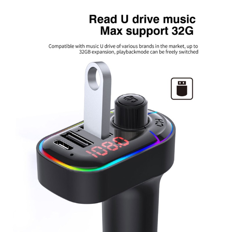 ez Handsfree Car Kit Bluetooth 5.0 MP3 Player FM Transmitter Car Autos Dual USB Charger Wireless FM Transmitter MP3 Player with Colorful Lights