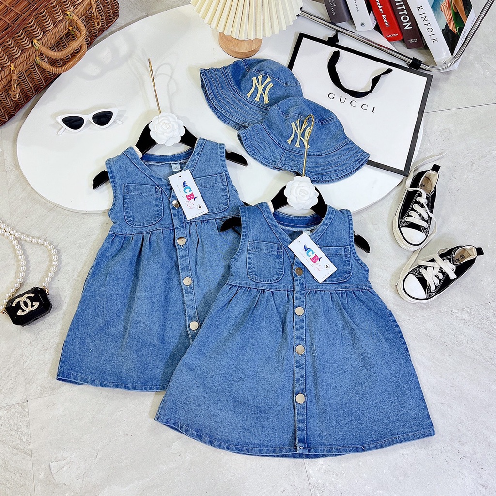 Váy jeans ba lỗ cho bé gái, set váy denim kèm mũ bucket NYY siêu xinh cho bé