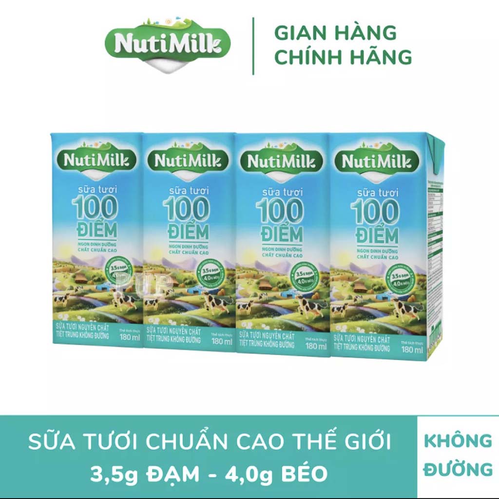 Lốc 4 Hộp Sữa Tươi  Tiệt Trùng 100 Điểm Không Đường Nutimilk 180ml