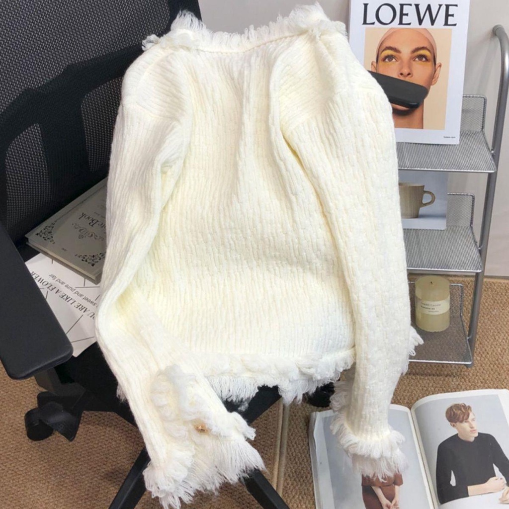 Áo Khoác Cardigan Dệt Kim Dáng Ngắn Phối Tua Rua Thời Trang Mùa Xuân 2022 Mới