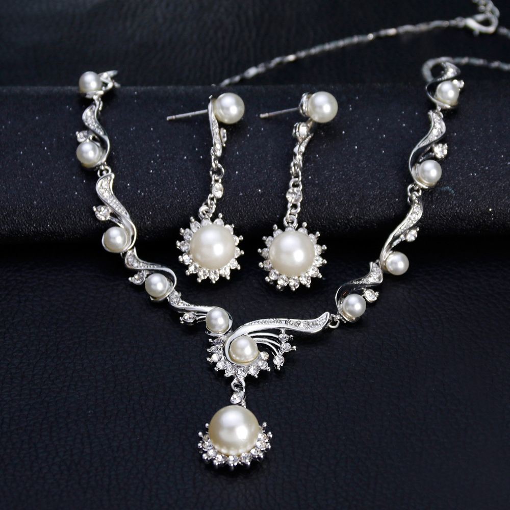 MKEB Bộ nữ trang gồm vòng đeo cổ + bông tai đính đá pha lê nhân tạo cho cô dâu