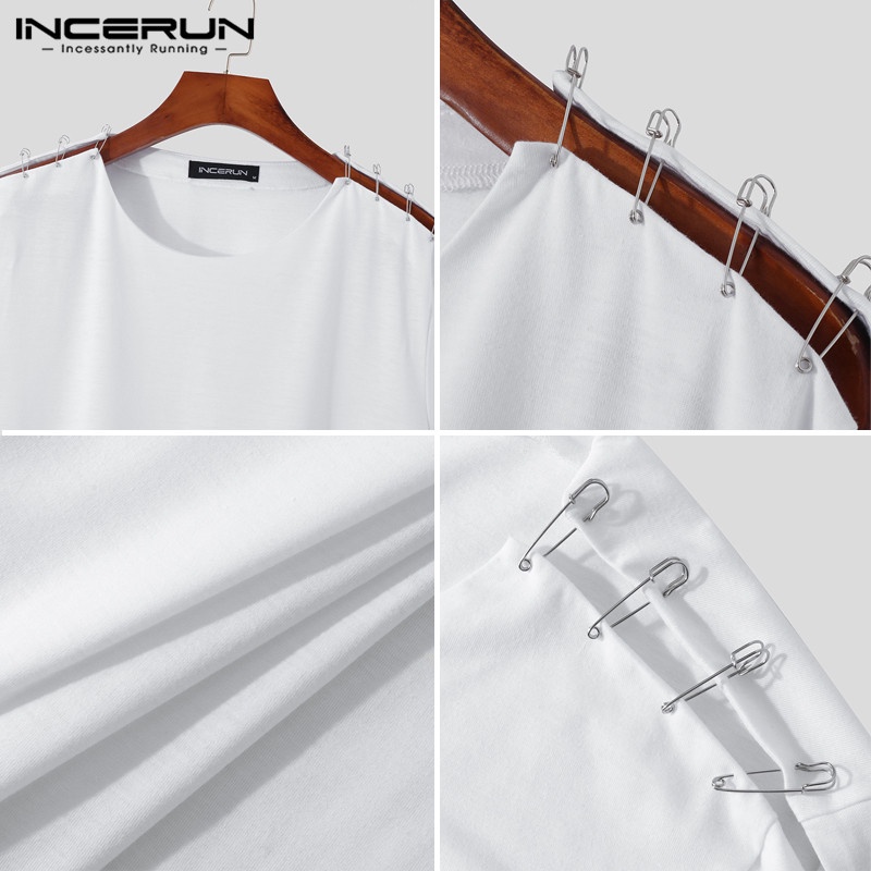 INCERUN Áo Thun Tay Ngắn Màu Trắng Thiết Kế Xẻ Tà Thời Trang Cho Nam