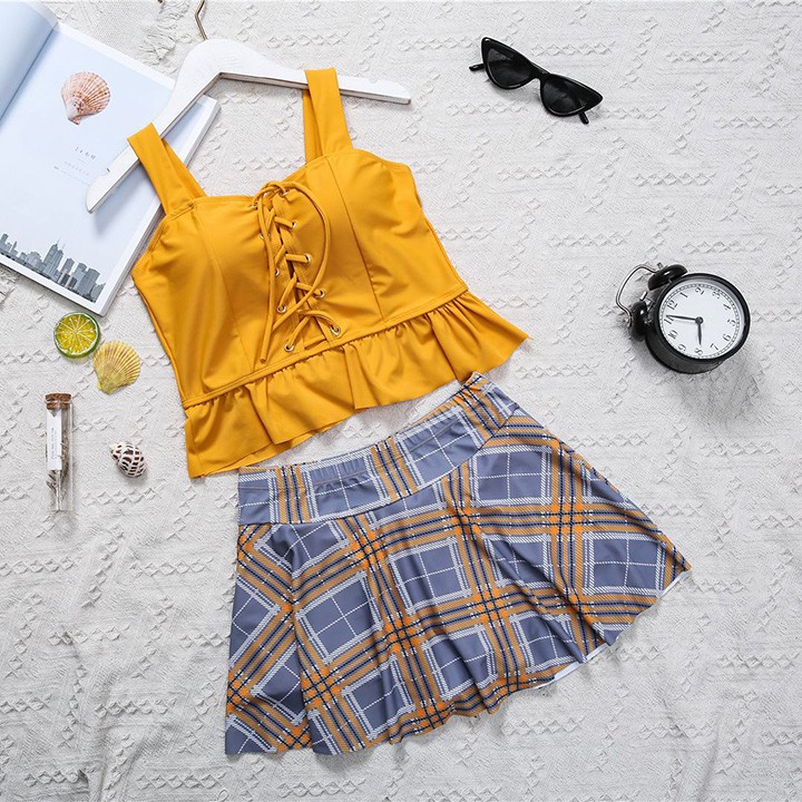 Có sẵn bộ đồ bơi nữ bikini 2 mảnh dáng váy caro đẹp