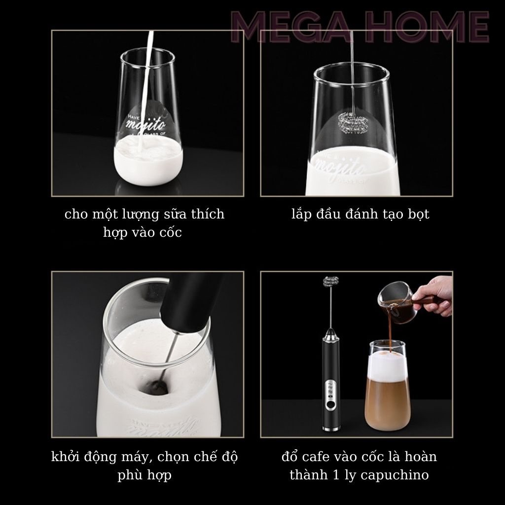 Máy đánh trứng sữa tạo bọt cafe cầm tay mini 3 tốc độ, pin sạc cao cấp nhựa ABS và inox 304 - MTB