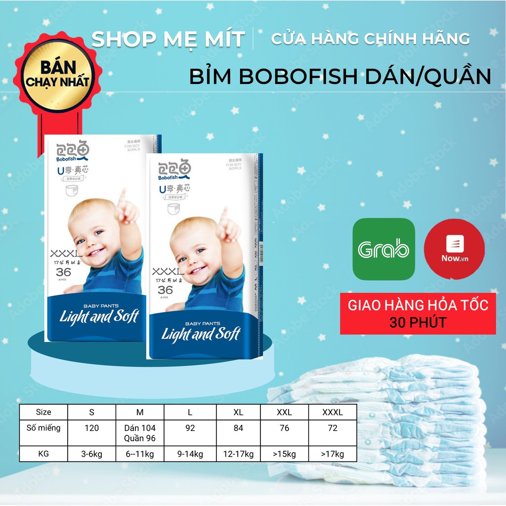 Thùng Bỉm BOBOFISH 2 Bịch Dán/Quần Nội Địa Trung Cao Cấp S120-M104-M100-L92-XL84-XXL76-XXXL72