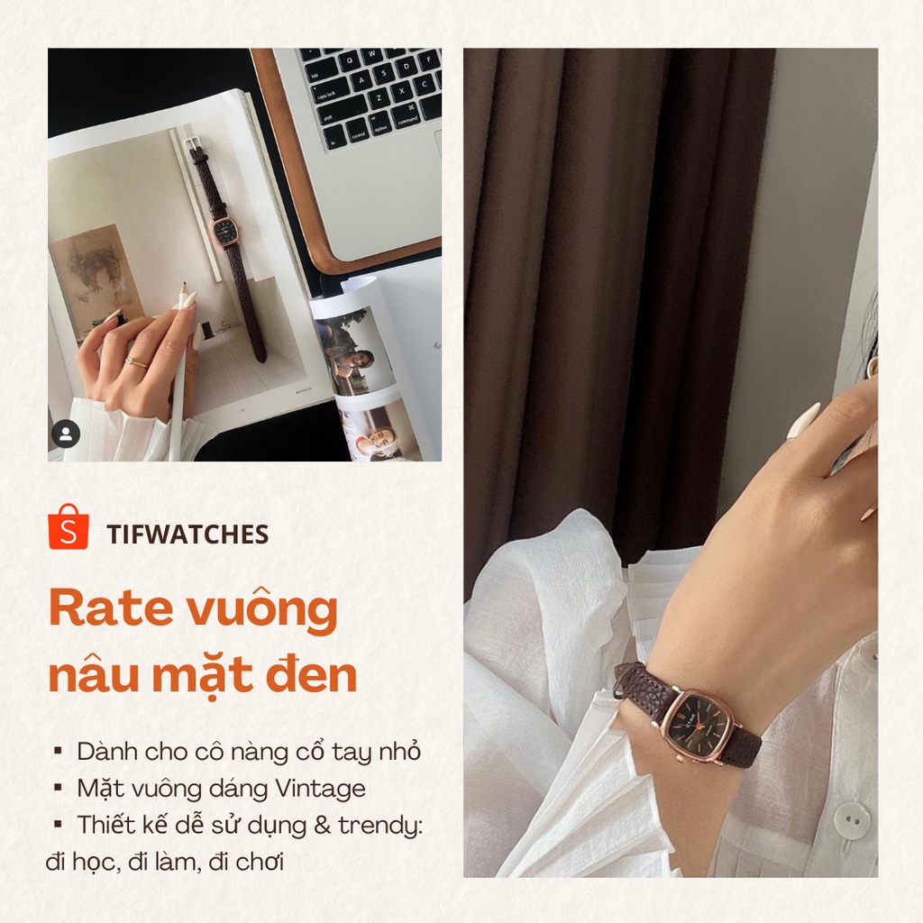 Đồng hồ nữ dây da mặt vuông RATE full black đồng hồ nữ mặt nhỏ chính hãng Watchesbytif size 22mm đẹp giá rẻ chống nước | BigBuy360 - bigbuy360.vn