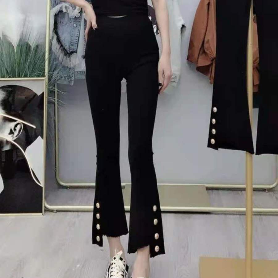 Quần lưng co giãn dáng ôm phối bốn nút gài kiểu xẻ tà không đồng đều thời trang mùa thu phong cách Hàn Quốc