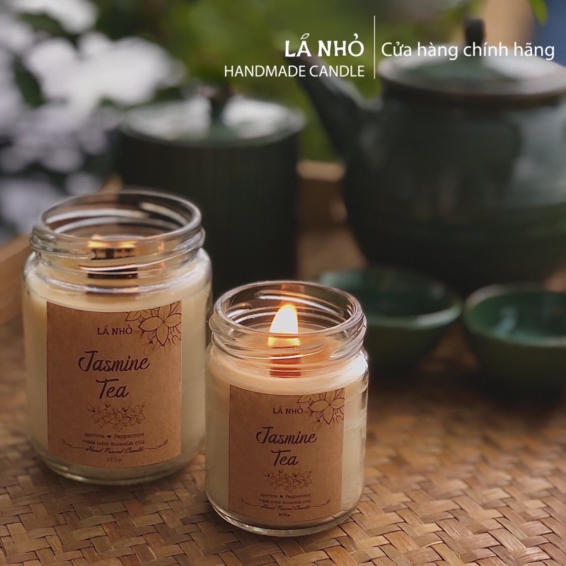 Nến thơm LÁ NHỎ - Jasmine Tea (Hoa Nhài Trắng - Bạc Hà) - Tươi Mát - An toàn - Không Khói