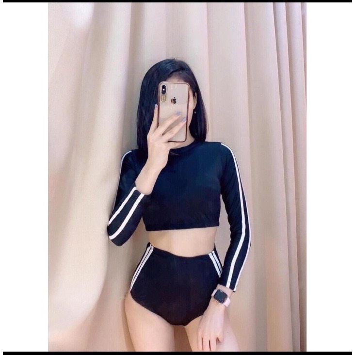 Bikini, Đồ Bơi Đi Biển Hai Mảnh Tay Dài Thể Thao Hai Sọc Trắng Quần Cạp Cao HM-011