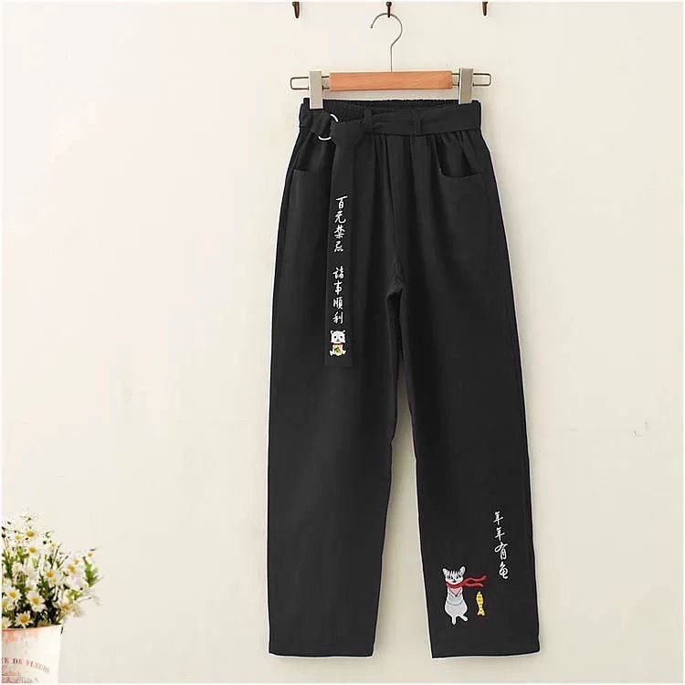 Quần Dài Thêu Hình Mèo Phong Cách Mori Nhật Bản Cho Trẻ Em