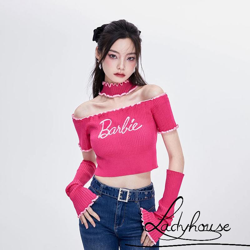 Set Áo Thun Tay Ngắn Hở Vai + Vòng Cổ Co Giãn Thời Trang Cho Nữ