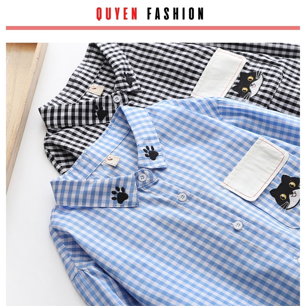 Áo sơ mi công sở nữ thêu hình mèo xinh xắn QUYÊN FASHIO AA553, áo kẻ xanh, đen thanh lịch