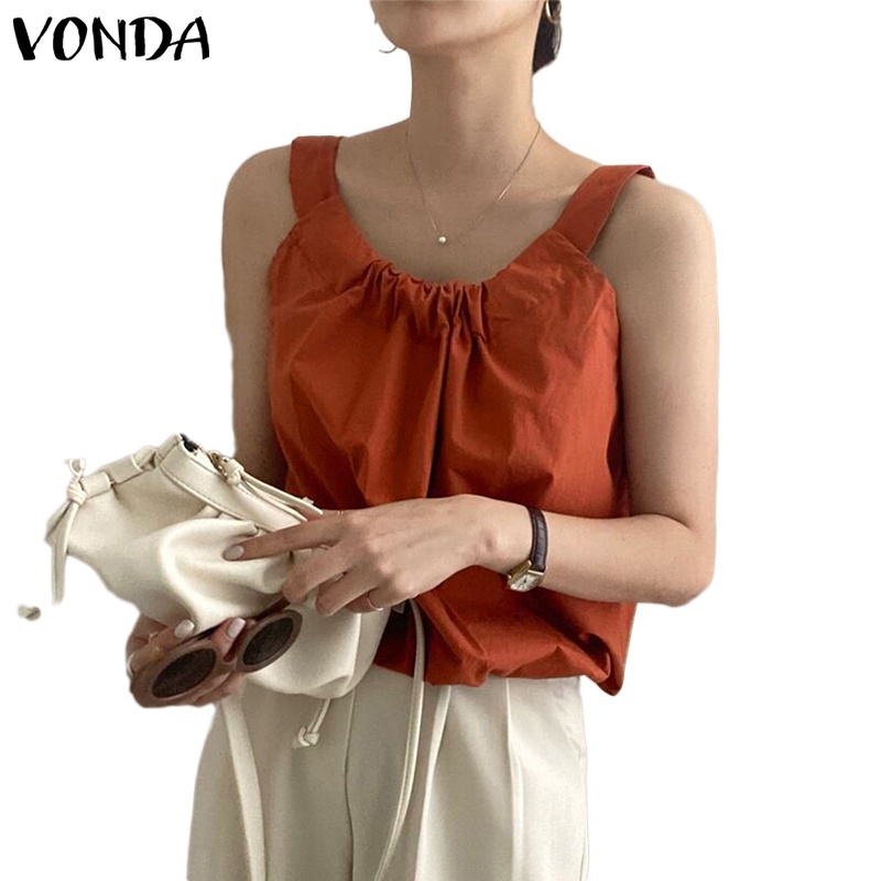 Áo kiểu VONDA xếp ly màu trơn thời trang mùa hè phong cách Hàn Quốc dành cho nữ