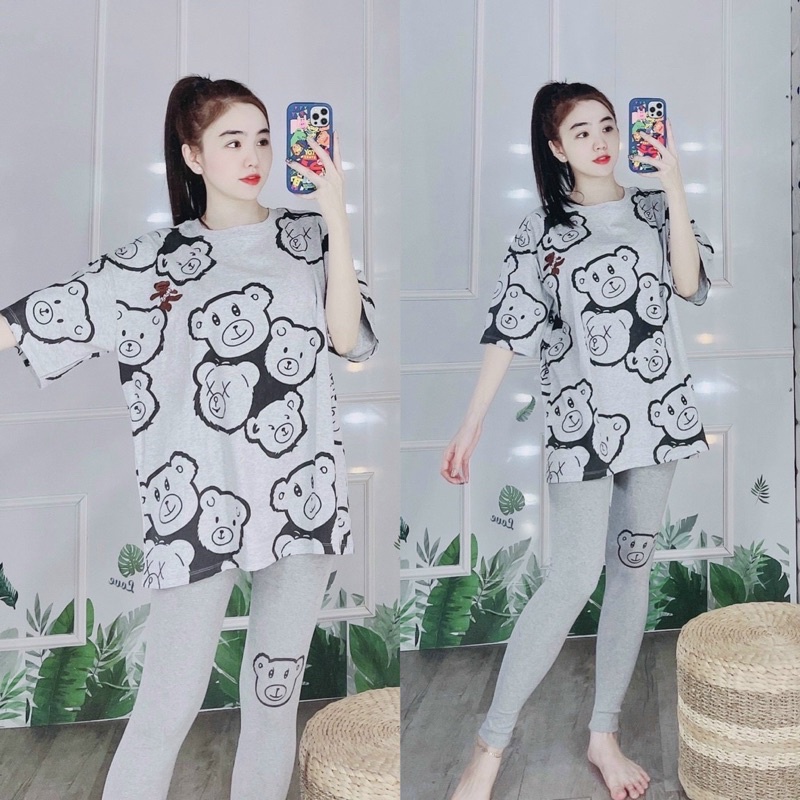 Đồ bộ nữ bồ bộ bigsize bộ mặc nhà dễ thương đồ bộ quần dài thun cotton in hình gấu