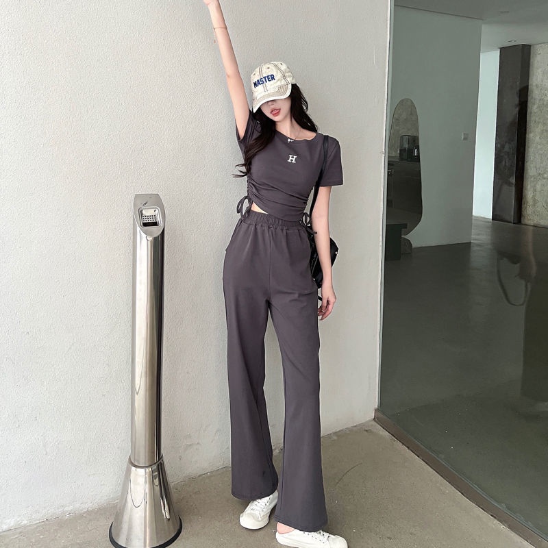 Set đồ COZOKC gồm áo thun ngắn tay và quần dài ống rộng thời trang cho nữ