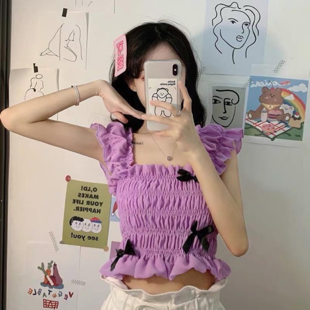 Áo 2 dây nhún thun ôm body kiểu phối nơ cá tính