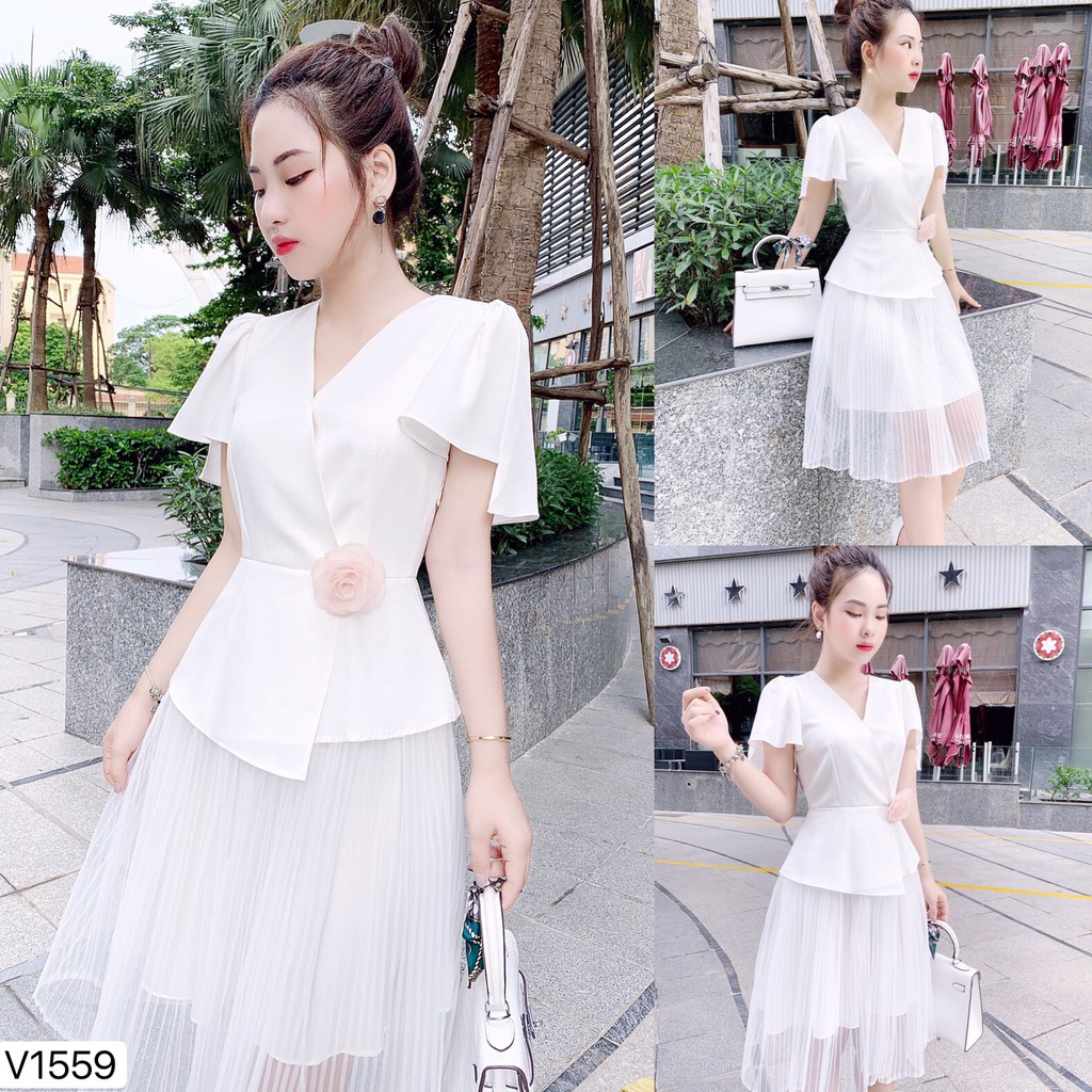 Váy trắng liền cổ V V1559 - Đẹp Shop DVC (Kèm ảnh thật trải sàn do shop tự chụp)