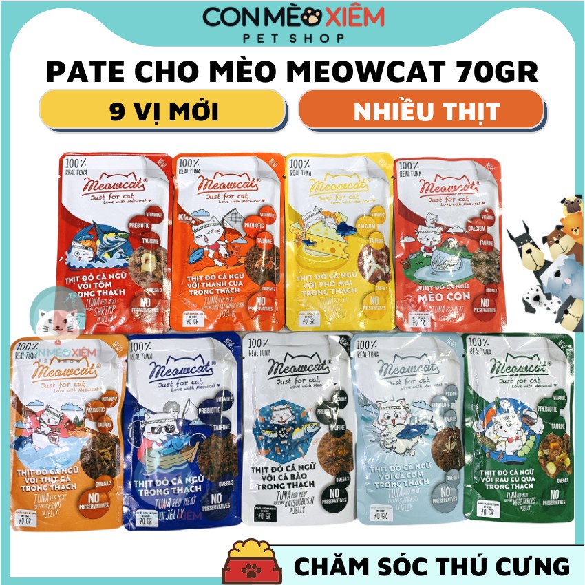 Pate cho mèo jelly Meowcat 70g 9 vị, thức ăn ướt tăng cân tiêu búi lông đẹp lông cho mèo con lớn nhỏ Con Mèo Xiêm
