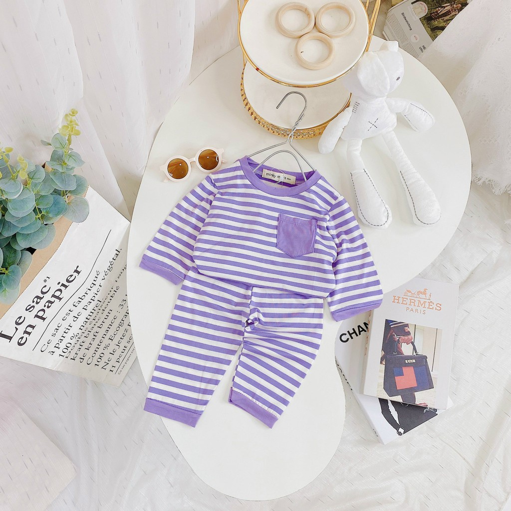 [SALE] Bộ Dài Tay Cho Bé Trai, Bé Gái Minky Mom Vải Thun Lạnh Hoạ Tiết Sọc Ngang Túi Ngực,Đồ Bộ Cho Bé Mặc Nhà MKMTD2135