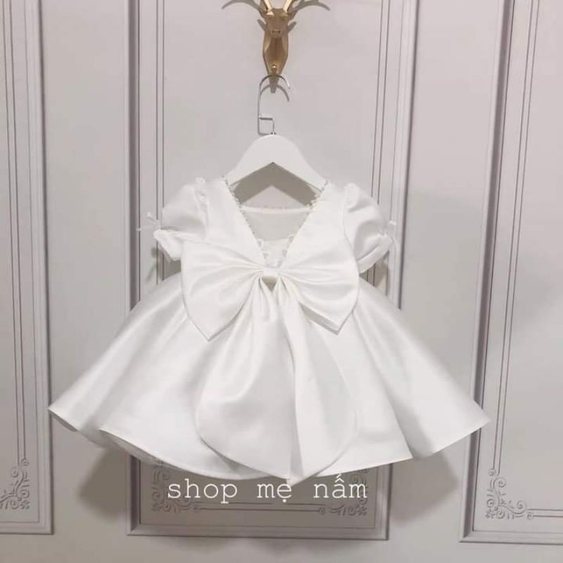 Đầm bé gái dáng xòe xếp ly tay phồng xẻ lưng gắn nơ - Shop Mẹ Nấm