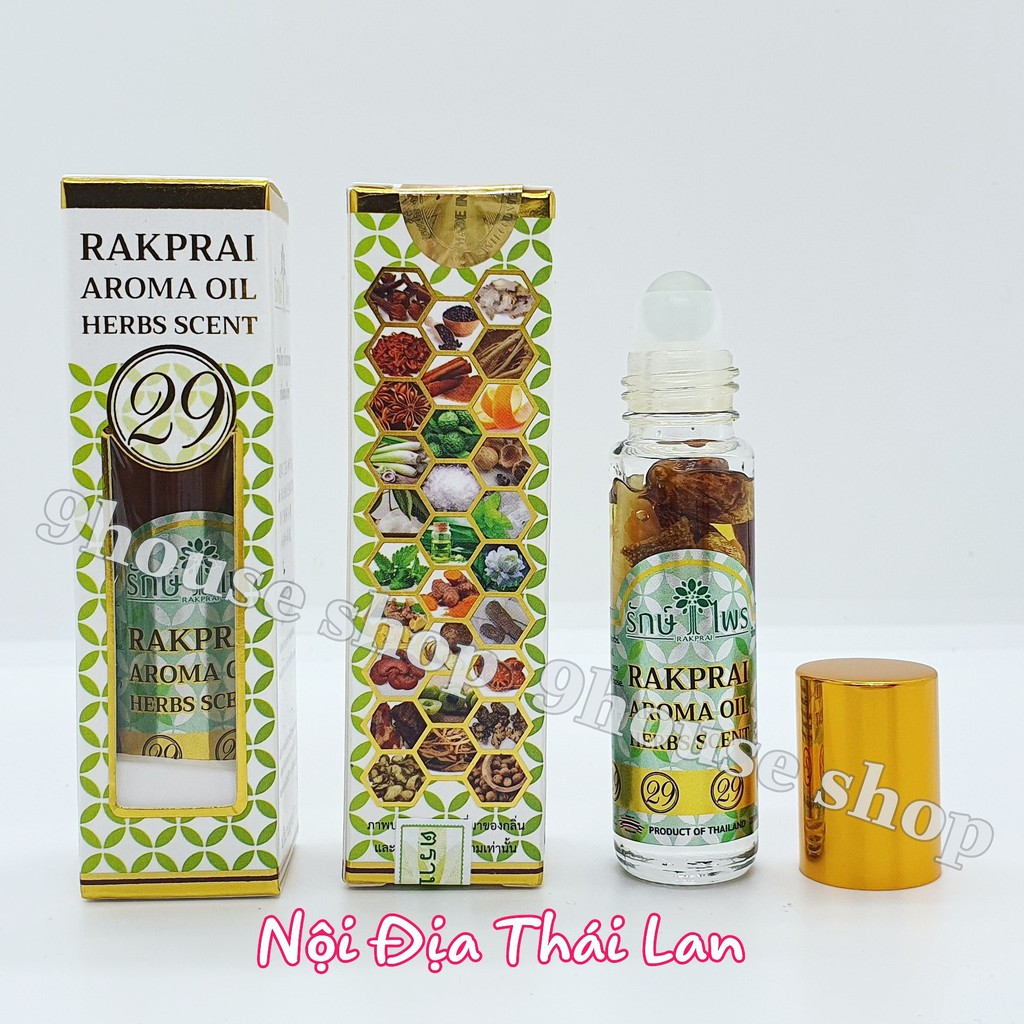 01 Chai Dầu Ngâm 29 Vị Thảo Dược RAKPRAI AROMA OIL HERBS SCENT Thái Lan 8ml