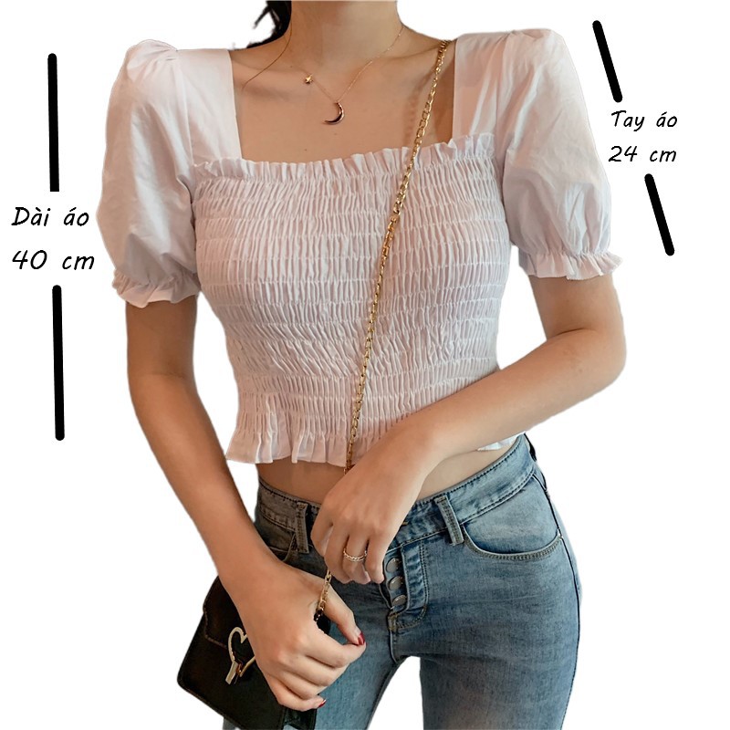 Áo Ulzzang Peplum Maoshop nhún ngực tay phồng Hàn Quốc, Áo peplum trắng bẹt vai tôn dáng cao cấp C40 - Maoshop | BigBuy360 - bigbuy360.vn
