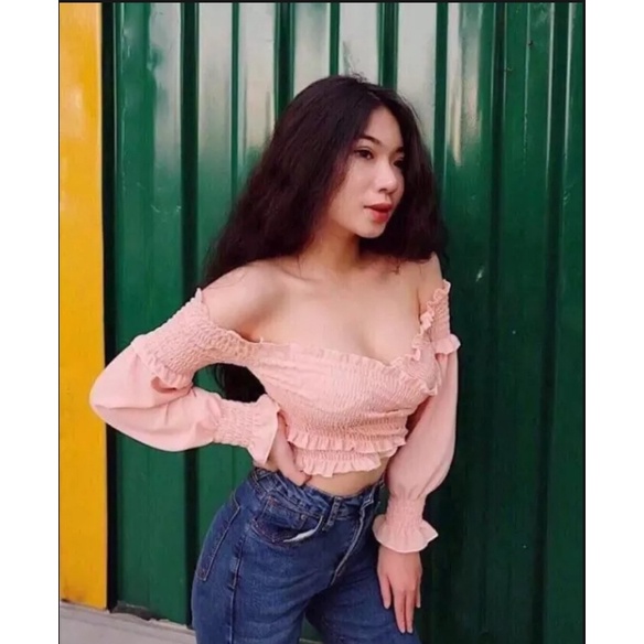 ÁO NỮ * ÁO CROPTOP NHÚN ĐẮP CHÉO TAY DÀI