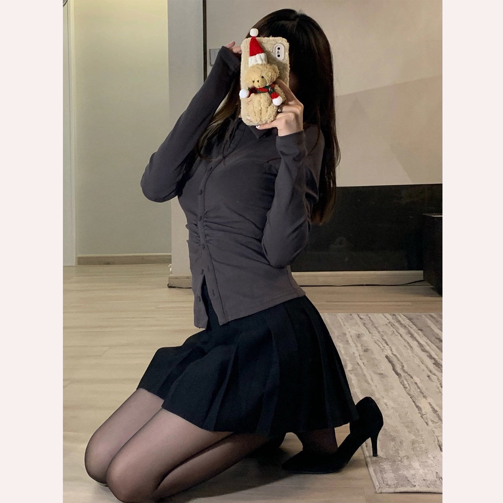 Áo Sơ Mi Tay Dài + Chân Váy Xếp Ly Thời Trang Hàn Quốc Cho Nữ