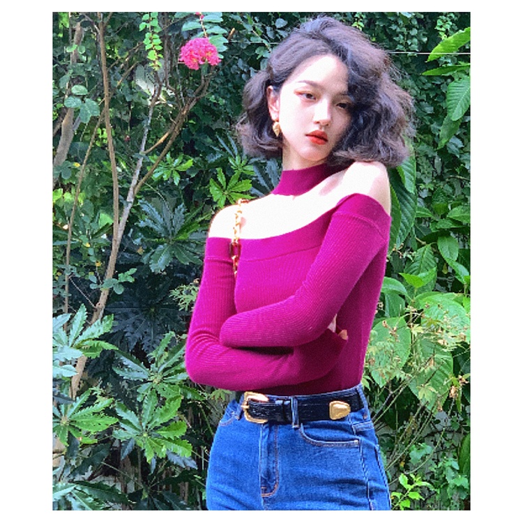 Áo dệt kim SUXI trễ vai dáng ôm thời trang màu thu quyến rũ cho nữ