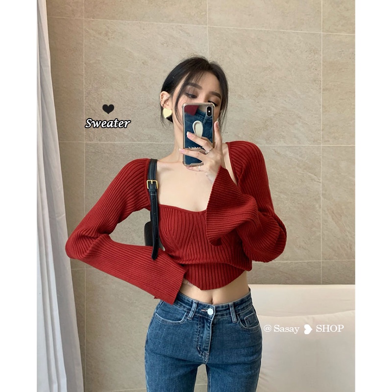 Áo sweater Dệt Kim Tay Dài Cổ Vuông Màu Đỏ Phong Cách Vintage Dành Cho Nữ